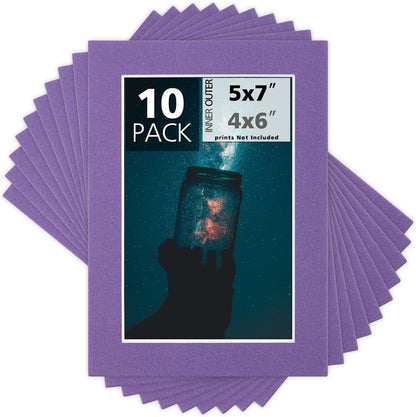 Mat Board Center, Pack of 10, 5x7 for 4x6 Color Mats - Bevel Cut, Acid Free, 4-ply Thickness, White Core - for Pictures, Photos, Framing, African Violet Color