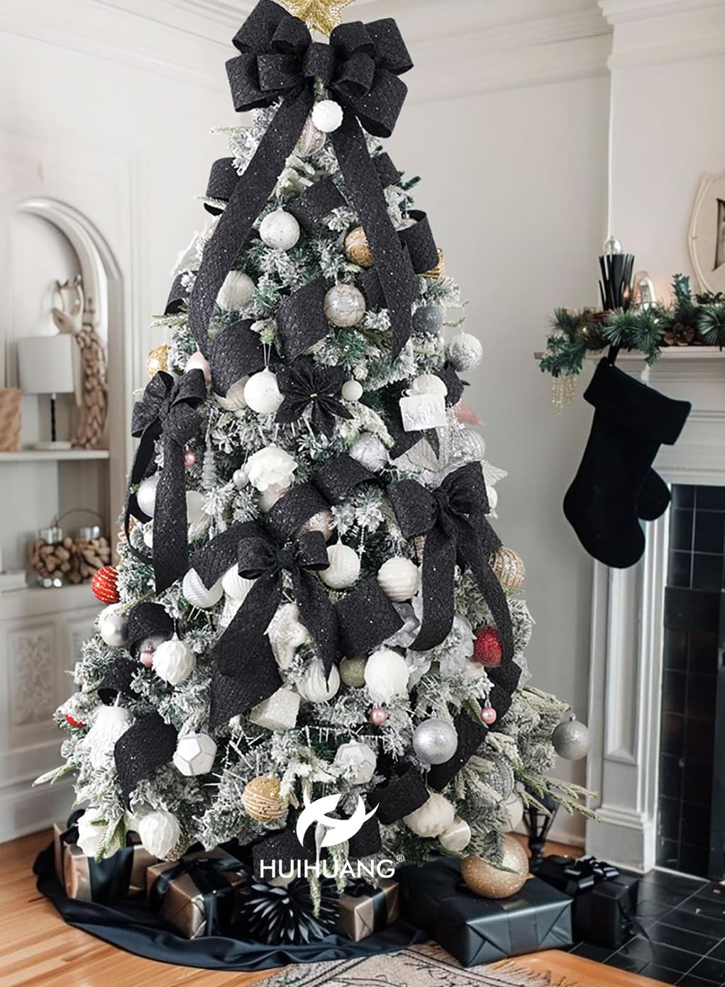 HUIHUANG Black Glitter Wired Ribbon 4 inch Black Christmas Tree Ribbon Diamond Mesh Wire Ribbon for Tree Decorations, Wreaths, Garland, Large Bows Making, Halloween Decor -10 Yards - Crafty Corner