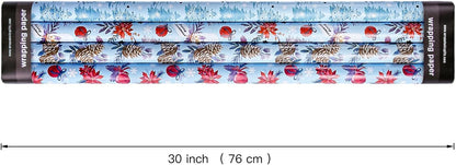WRAPAHOLIC 30 Inch Christmas Wrapping Paper Roll - Jumbo Roll Red and Blue Snow Globe, Pinecone, Poinsettia, Christmas Tree Wrapping Paper - 4 Rolls - 30 Inch x 120 Inch Per Roll