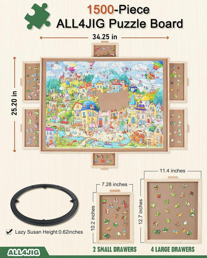ALL4JIG 1500 Pieces Rotating Puzzle Board with 6 Drawers and Cover,25"x34"Portable Wooden Jigsaw Puzzle Table for Adults,Lazy Susan Spinning Puzzle Boards Birthday Gift for mom