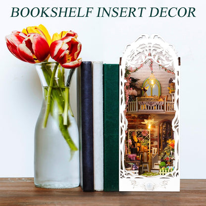 TuKIIE DIY Book Nook Miniature Kit, Booknook Dollhouse Bookshelf Insert with Sensor Light & Dust Proof, Wooden Decorative Bookend Stand Model Kits for Kids Teens Adults(Flower House)