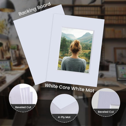 Falling in Art 5 Pack Acid Free 9x12'' White Picture Mats Board Show Kit for 6x8'' Photos, 4-Ply Beveled Pre-Cut Photo Mats with Backing Board for Frames, Artwork and Prints