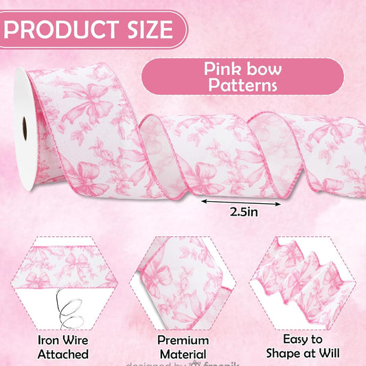 Pink Floral Bow Wired Edge Ribbon Chinoiserie Flower Bowknot Fabric Ribbon for DIY Crafts Wreath Bow Making Supplies, 12 Yard - Crafty Corner
