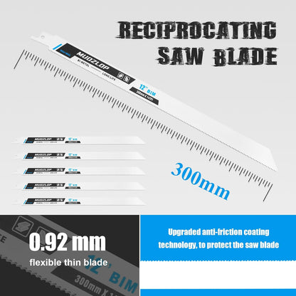 5 Pack 12 inch Reciprocating Saw Blades Set,14 TPI High Carbon Saw Blades, Metal Saw Blades with Organizer Case (5, 14TPI/300mm)