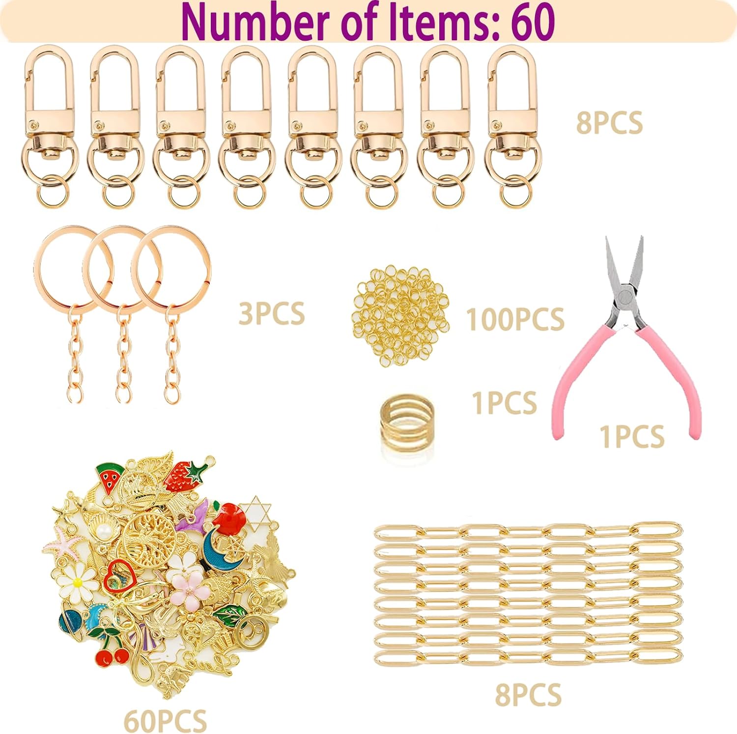 MORWLAT 358 PCS Gold DIY Keychain Making Kit Cute Bag Charm Kit 110 Charms 28 Keychain Clips with Key Ring Swivel Snap Hook Lobster Claw Clasps 200 Jump Ring Jewelry Plier DIY Set Women Craft (110) - Crafty Corner