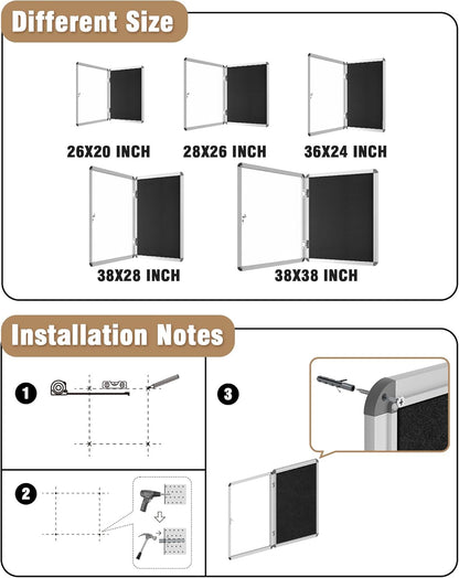 28"x26" Enclosed Bulletin Board, Lockable Weather-Resistant Aluminum Cork Noticeboard for School & Office, Silver Frame w/Black Flet