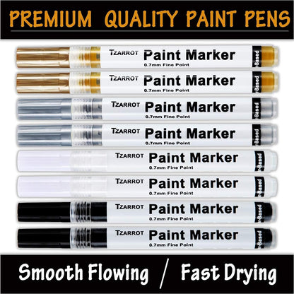 TZARROT White Paint Pen, 8 Pack 0.7mm Acrylic Paint Pens with 2 White 2 Black 2 Gold 2 Silver Permanent Marker for Wood Rock Fabric Metal Plastic Ceramic Acrylic Markers Extra Fine Tip