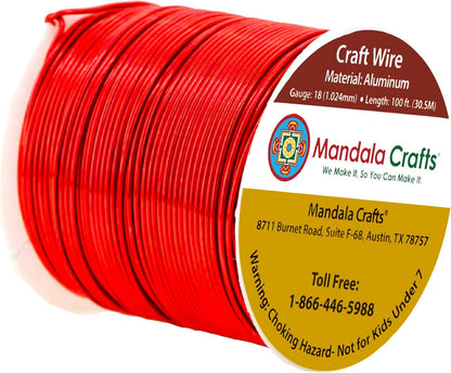 Mandala Crafts 18 Gauge Anodized Aluminum Craft Wire for Jewelry Making - 100 FT Colored Flexible Red Wire - Bendable for Bonsai Armature Crafting Sculpting - Crafty Corner
