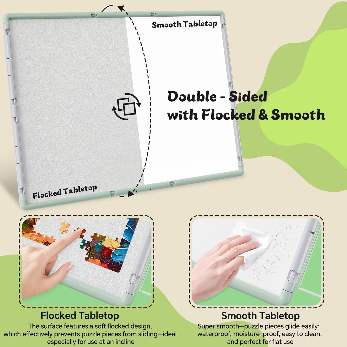 2000 Pieces Puzzle Board 3-in-1 Double-Sided & Rotating & Tilting, Plastic Puzzle Table with Sorting Boxes and PVC Cover, Portable Lazy Susan Jigsaw Puzzle Board for Adults, Gray Green