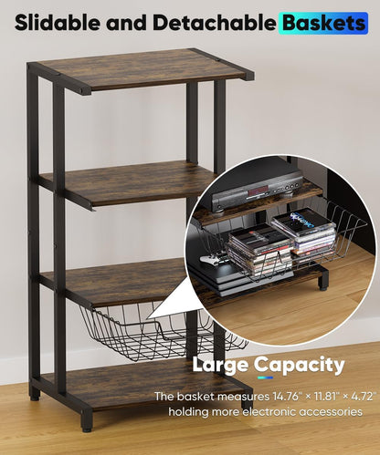 Media Stand with Detachable Baskets, 4-Tier AV Media Stand Corner Shelf for DVD Players/Cable Boxes/Games Consoles, Audio Storage Rack for Living Room, Gaming Room, Music Studio, Black