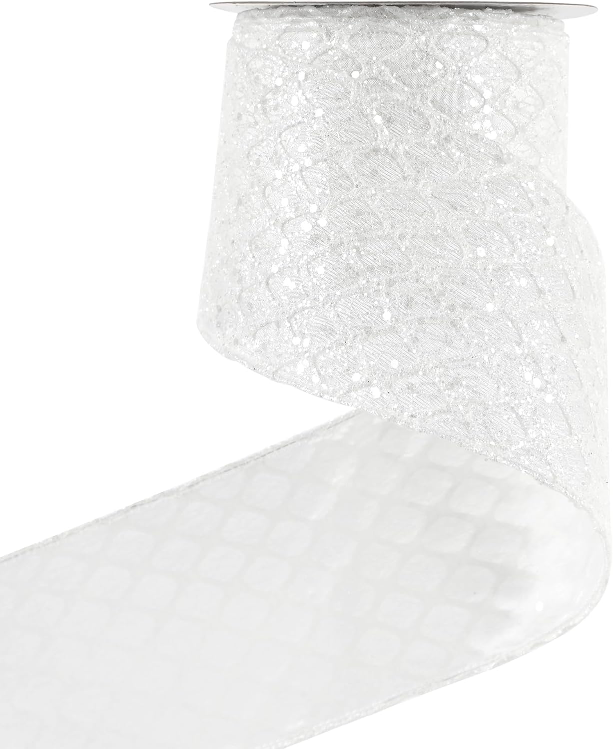 HUIHUANG White Glitter Wired Ribbon, 4 Inch x 30 Ft, Geometric Pattern, Polyester Material, Christmas Occasion - Crafty Corner