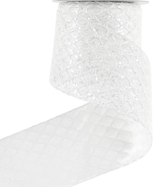 HUIHUANG White Glitter Wired Ribbon, 4 Inch x 30 Ft, Geometric Pattern, Polyester Material, Christmas Occasion - Crafty Corner