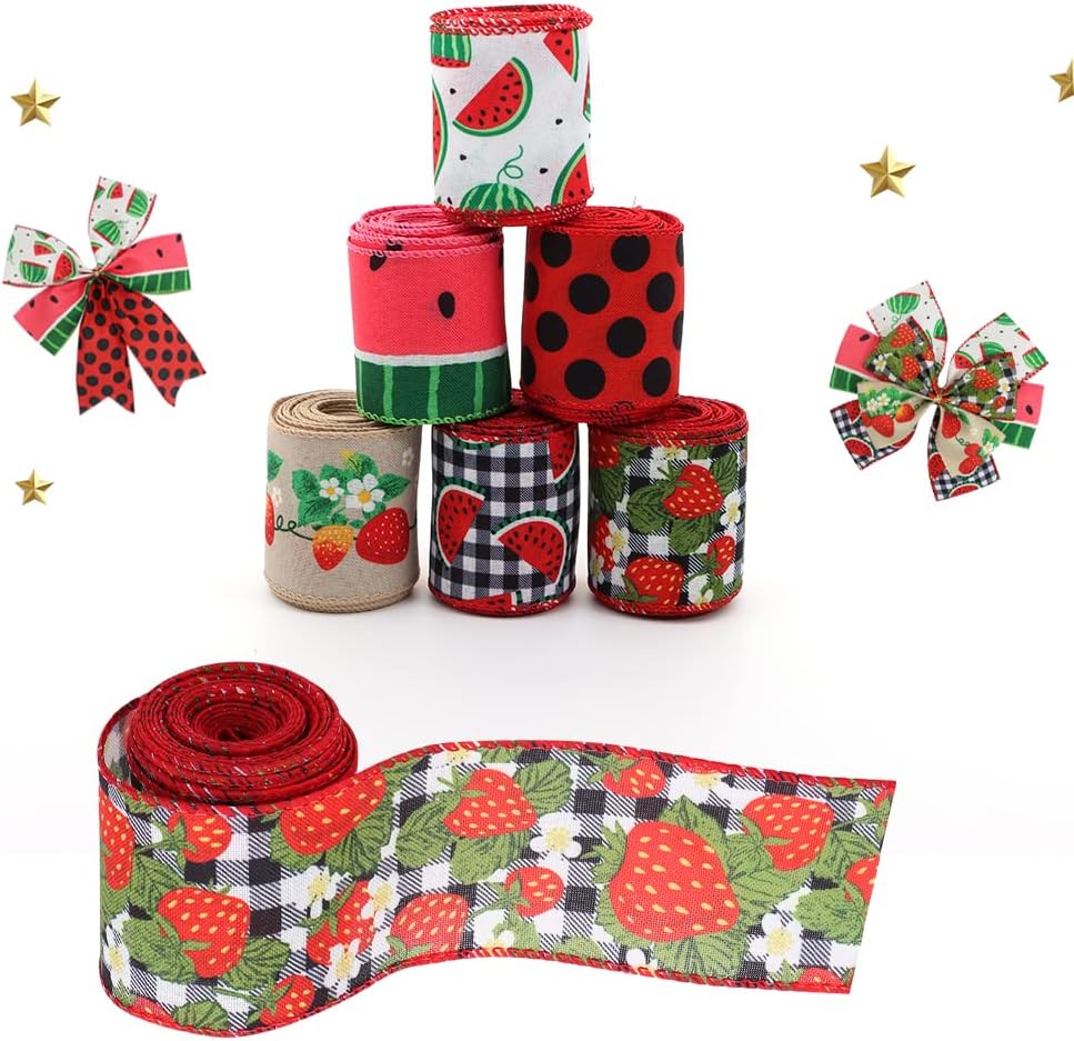 2.5" Watermelon and Strawberry Ribbon,Summer Craft Wire Edged Ribbon,Checks,Polka Dots,Watermelon Slices,Strawberries and Flowers Faux Linen Ribbons for Floral Arrangements, Packages and Home Decor. - Crafty Corner
