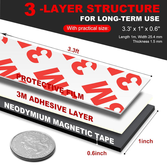 Neodymium Magnetic Tape, Flexible Magnet Tape Strips Roll (1'' Wide x 3.3 ft Long) with Strong 3M Adhesive Backing, Magnetic Strips Heavy Duty Perfect for Wall, DIY, Art Projects & Fridge