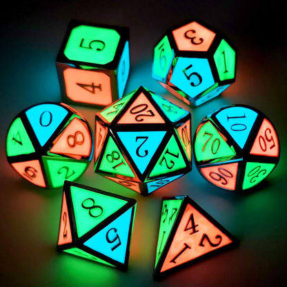 Haxtec Glow in The Dark Glowing Blue Red Green Silver Metal Dice Set D&D 7PCS DND Dice Set Compatible with Dungeons and Dragons RPG Games-Silver Glowing Blue Green Red
