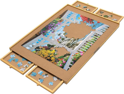 Bits and Pieces Puzzle Board with Drawers – 1500 Piece Jigsaw Puzzle Table Organizer – Premium Wooden Puzzle Board for Adults, 26"x35" Smooth Non-Slip Surface, Portable Puzzle Table with Sorting Trays