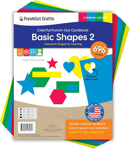 Basic Shapes 2: Hearts, Stars, Hexagons, Rectangles, 696 Pieces US Made Card Stock Punch Out Geometric Shapes in 3 Sizes and 4 Primary Colors for Math, Pattern Play and DIY Crafting - Crafty Corner