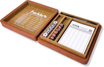 Luck Lab Farkle Dice Tray and Storage Case - Includes Embedded Scoring Combinations, 2 Sets of 6 Pearl Dice, 40 Sheet Score Pad and Pen Holder for The Classic Family Game (Brown)