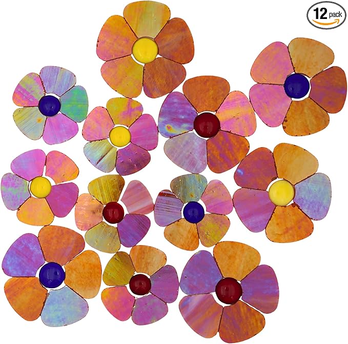 Yuvori Iridescent Flower Mosaic Tiles – 12pcs Mixed Sizes, 5-Petal Iridescent Mica Flowers with Center Beads for DIY Mosaic Art, Fairy Garden, Home Craft, Outdoor Decor (Iridescent Orange)