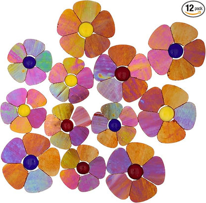 Yuvori Iridescent Flower Mosaic Tiles – 12pcs Mixed Sizes, 5-Petal Iridescent Mica Flowers with Center Beads for DIY Mosaic Art, Fairy Garden, Home Craft, Outdoor Decor (Iridescent Orange)