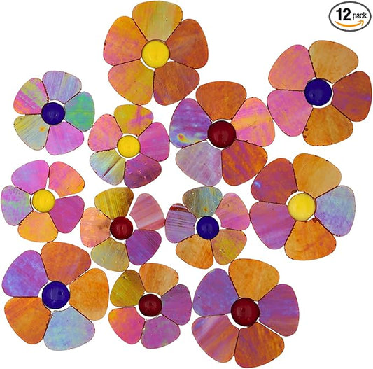 Yuvori Iridescent Flower Mosaic Tiles – 12pcs Mixed Sizes, 5-Petal Iridescent Mica Flowers with Center Beads for DIY Mosaic Art, Fairy Garden, Home Craft, Outdoor Decor (Iridescent Orange)