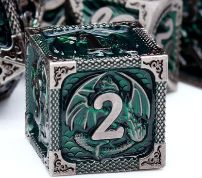 Haxtec DND Dice Set Metal D&D Dice Set with Leather Dice Bag Antique Iron Green Metal Polyhedral Dice Compatible with Dungeons and Dragons TTRPG Gifts