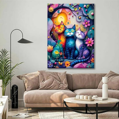 Paint by Numbers Kit for Adults Framed, Colorful Whimsical Cats in Flower Garden, DIY Oil Painting, Pre-Printed Canvas Wall Art Home Decor Gift, 20x24inch Framed, 24 Colors