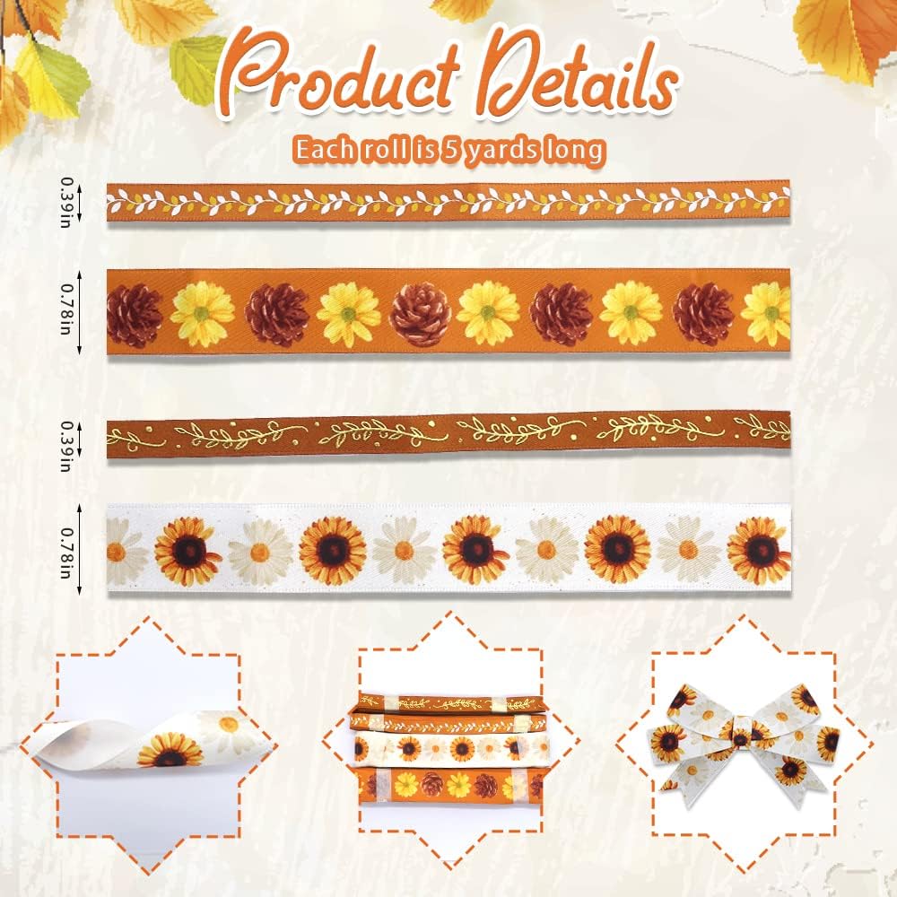 4 PCS Thanksgiving Fall Ribbons for Crafting, 3/8''Width and 4/5''Width Flowers Ribbons White Orange Satin Ribbon Metallic Leaves Craft Ribbons for Gift Wrapping Fall Decorations - Crafty Corner