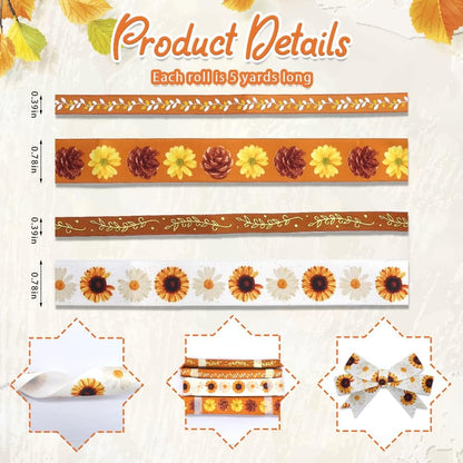 4 PCS Thanksgiving Fall Ribbons for Crafting, 3/8''Width and 4/5''Width Flowers Ribbons White Orange Satin Ribbon Metallic Leaves Craft Ribbons for Gift Wrapping Fall Decorations - Crafty Corner