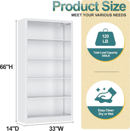 66"Heavy-Duty Steel Open Storage Cabinet with Adjustable Shelves, 6-Tier Shelving Unit, Easy Assembly Freestanding Organizer for Garage, Pantry,Office, Living Room (White, 5 Tier-66"Hx 33"W x14"D)