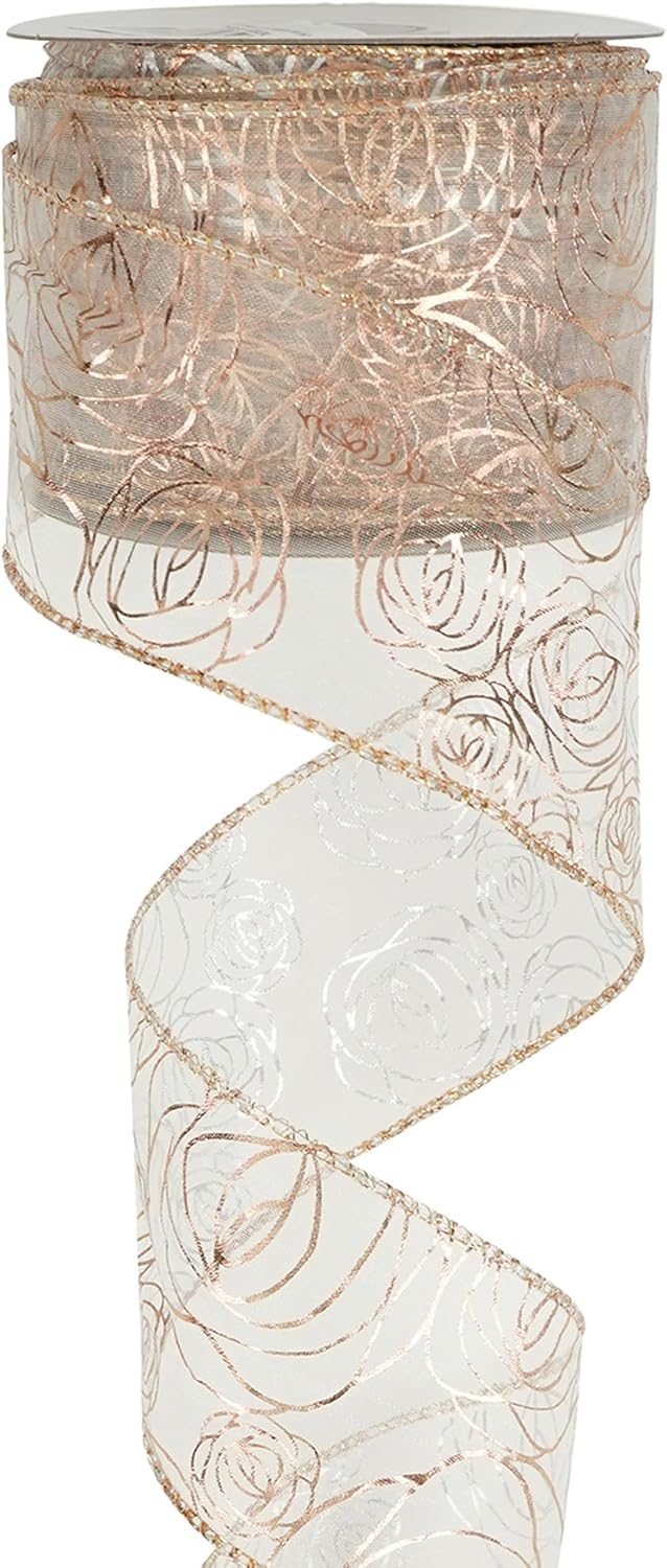 MEEDEE Floral Rose Wired 2.5 Inch Rose Gold Organza Sheer Ribbon, Wedding Bouquet Ribbon, 25 Yards Roll, Pink, For Crafts, Valentine Bow Making, Decor - Crafty Corner