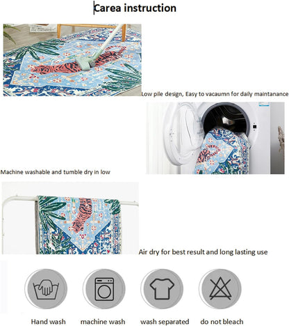 Oriental Tropical Hallway Runner Rug 2x8 Washable, Thin Stain Resistant Blue Boho Runner Rug for Entryway Kitchen Bedroom Laundry, Vintage Abstract Hippie Indian Botanical Long Floor Carpet