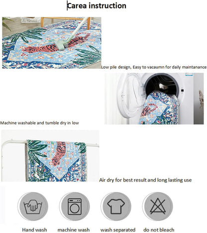 Washable Blue Rugs Thin Oriental Boho Vintage Tropical Jungle 8x10 Area Rugs for Bedroom Kitchen Dining Living Room Office Distressed Indoor Large Carpet