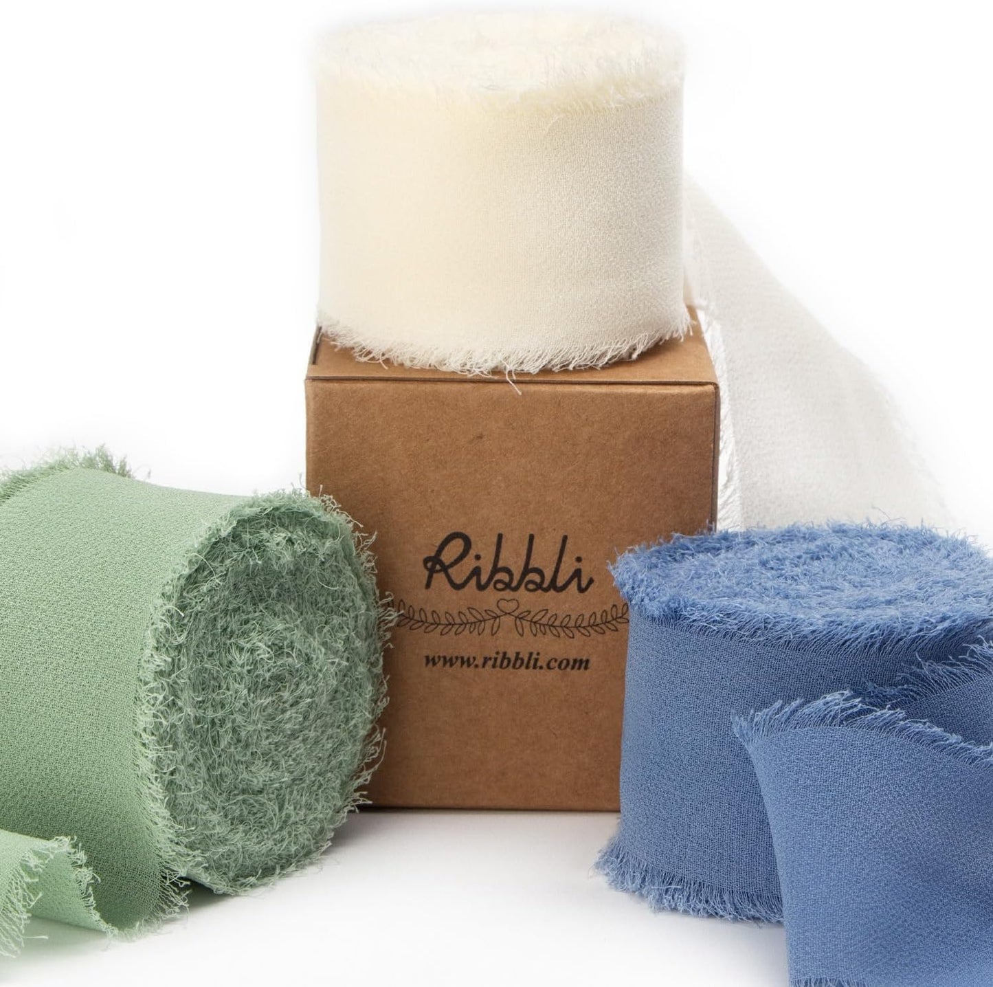 Ribbli Chiffon 1.5 Inch x 30 Yard Handmade Silk Ribbon - Ivory/Sage Green/Dusty Blue Fringe for Wedding Invitations, Bridal Bouquets, Wrapping, Flower Arrangement Decoration - Crafty Corner
