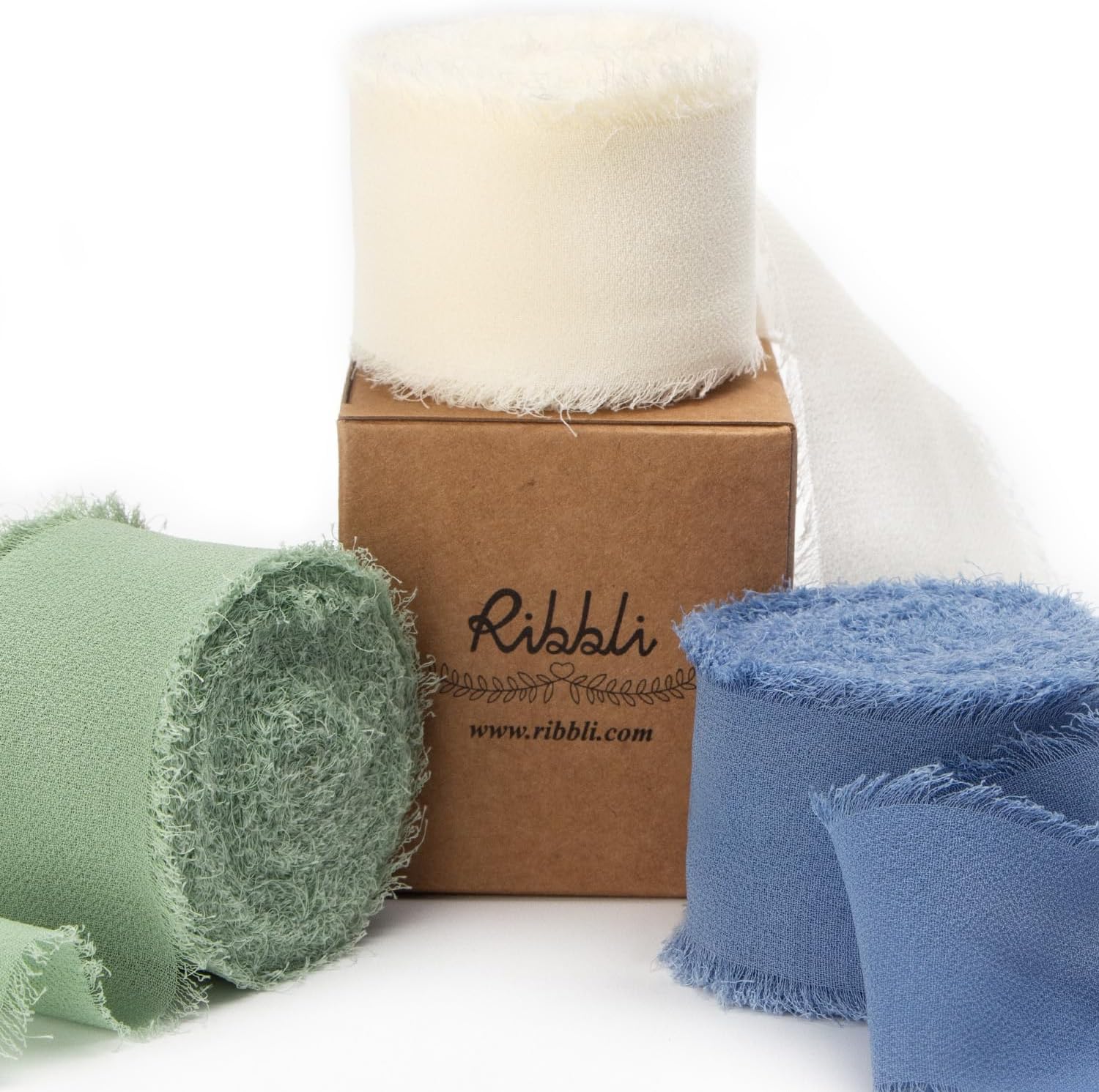 Ribbli Chiffon 1.5 Inch x 30 Yard Handmade Silk Ribbon - Ivory/Sage Green/Dusty Blue Fringe for Wedding Invitations, Bridal Bouquets, Wrapping, Flower Arrangement Decoration - Crafty Corner