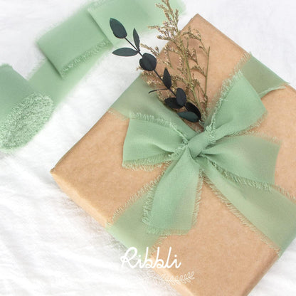 Ribbli Sage Green Chiffon Ribbon - 1-1/2 inch x 20 Yard, Handmade Fringe Chiffon Ribbon for Gift Wrapping, Wedding Invitations, Bridal Bouquets, Flower Arrangement Decoration - Crafty Corner