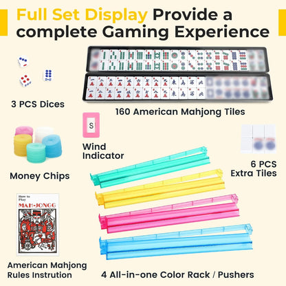 Mahjong Tile Set,166 White Tiles Mahjong Set,4PCS Mahjong Racks with Pushers,Travel Mahjong Set with Flower Carrying Bag