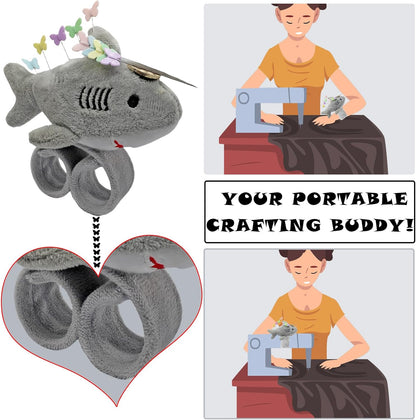 Cute Sharks Wrist Pin Cushion for Sewing with Magnetic, Snap Bracelet Wrist Bands for Pins and Needles Include 50 Lovely Butterfly Straight Pins.