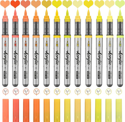 Yellow Orange Acrylic Paint Pens,12 Color Paint Pens Markers,Brush Tip Paint Pens for Rock Painting Wood Glass Ceramic Canvas Stone DIY Crafts Making Art Supplies