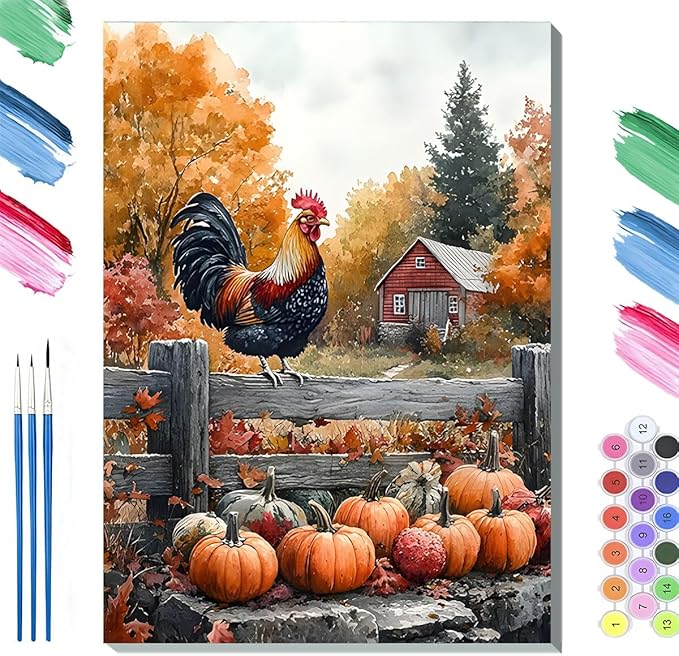 Paint by Numbers Kit for Adults Framed, Autumn Rooster with Pumpkins Farmhouse Scene, DIY Oil Painting, Pre-Printed Canvas Wall Art Home Decor Gift, 16x20inch Framed, 24 Colors