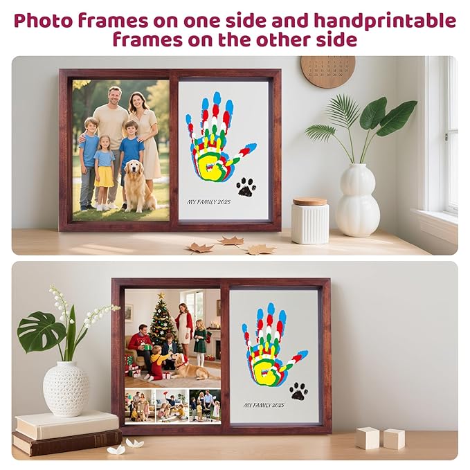 Family Handprint Kit, DIY Baby Hand and Footprint Handmade Keepsake Wooden Frame with 6 Non-Toxic Baby-Safe Paint, Family Gifts Ideas Gift for New Parents, Grandparents, Father's Day, Mother's Day