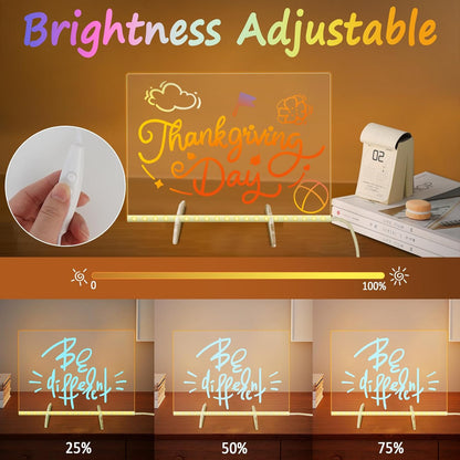Led Note Board with 7 Colors, 13.8“X10” Lumiboard Led Drawing Board for Kids, 4 Modes Acrylic Dry Erase Board with Light, Glow Rewritable Message Board with Stand, Include 7 Markers, Hanging Chain