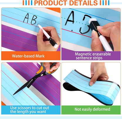 Faccito 12 Pieces Large Magnetic Sentence Strips 3 x 36 inch Dry Erase Sentence Strips Jumbo Multicolor Magnetic Handwriting Paper with Lines for Teacher Whiteboard Classroom School Supplies