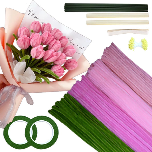 400 Pcs Pipe Cleaners Craft with Pastel Colors, Chenille Stems Flowers Craft Kit with Floral Wires, Floral Tape, Stamen & Ribbon, Pink Pipe Cleaner Flower Kit for Wedding Gift, Holiday Decoration