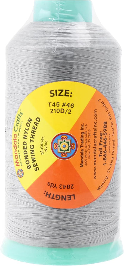 Mandala Crafts Bonded Nylon Thread Silver Heavy Duty Sewing Threads - 2843 YDs Size 46 210D T45 Tex 45 Thread for Leather Jeans Weaving Outdoor Marine Upholstery Threads
