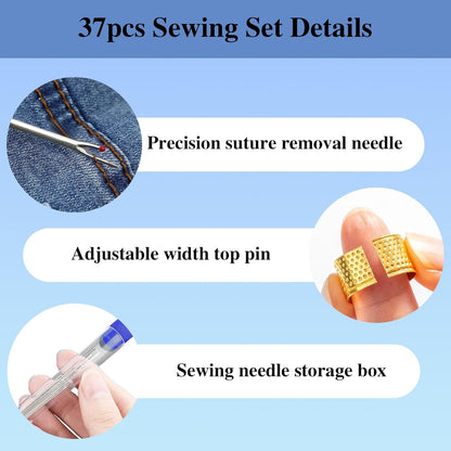 Big Eye Steel Sewing Needles Kit,37PCS Sewing Tool Set-Steel Needles,Thread Ripper,Thimble,Threaders and 6 Color Threads,Portable Hand Sewing Kit,for Beginners,Craft DIY Lovers,Daily Use (37 PCS Set)
