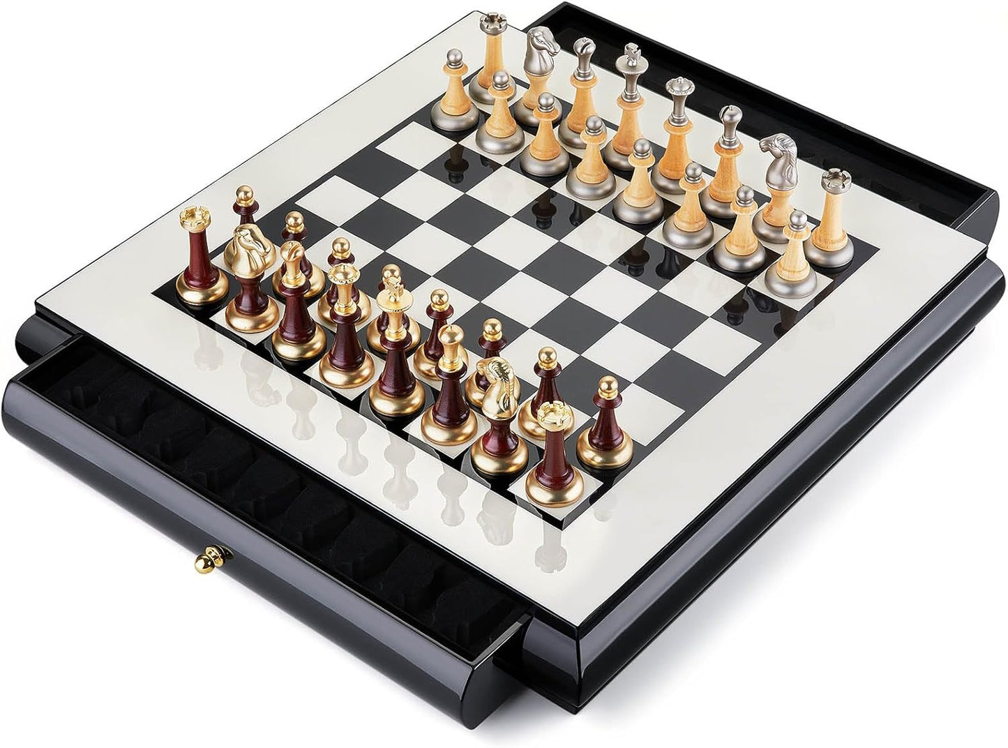 AMEROUS 16 Inches Wooden Chess Set, Large Size Board with 2 Built-in Storage Drawers - 2 Extra Queens - Metallic & Wooden Chess Pieces - Gift Packaging, Board Games for Adults and Kids