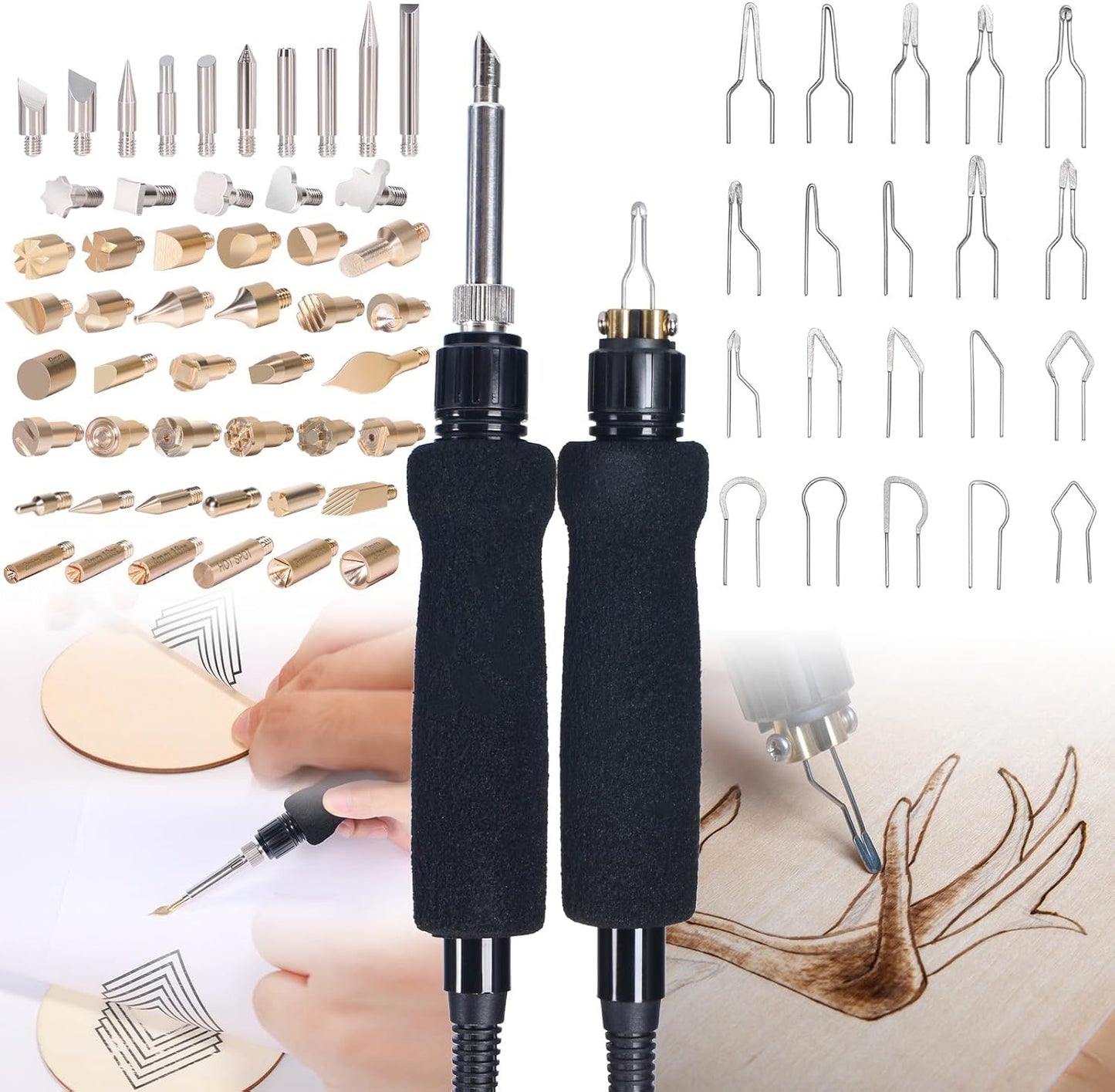 YIHUA 939D-II Pyrography Pen Wood Burning Kit Station 2-in-1 Solid-Point 200~480°C (with Temp Display)/Wire-Nib 250~750°C with 20 Nibs, Solid Points, 1 Stable Pen Holder, 2 Scrap Wood (Green) - Crafty Corner