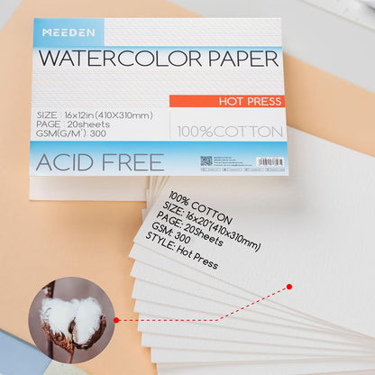 MEEDEN Watercolor Paper Block - 100% Cotton Watercolor Paper Pad of 20 Sheets, 140lb/300gsm, Acid-Free Art Paper for Watercolor, Gouache, Ink and More, 16" x 12" Hot Press