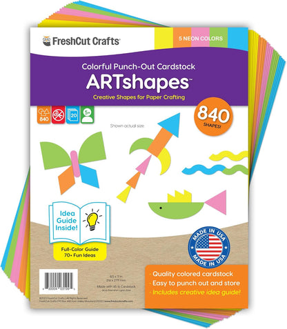 ARTshapes 840 pc Creative Paper Shapes Pack with 70+ Idea Guide - US Made Card Stock - Punch Out Funky DIY Craft Supplies for Whimsical Art Designs, Paper Crafts, and Pattern Play 5 Neon Colors - Crafty Corner